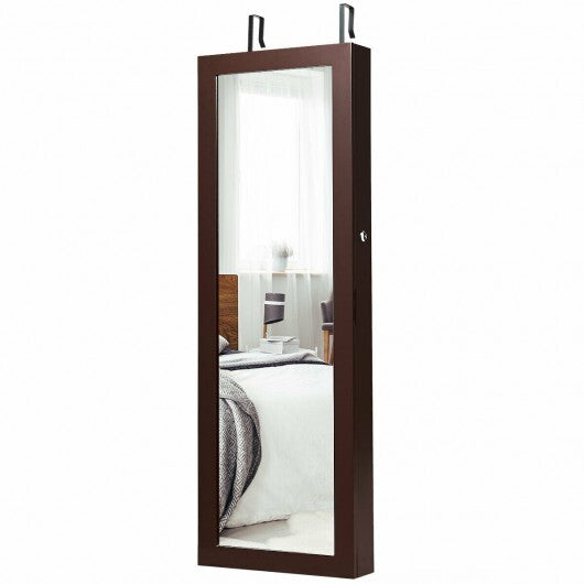 Lockable Wall Mount Mirrored Jewelry Cabinet with LED Lights-White