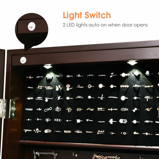 Lockable Wall Mount Mirrored Jewelry Cabinet with LED Lights-White