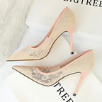 2025 Sexy Black Flower Lace Mesh Pumps Women Pointed Fashion Party Shoes Show Thin High Heels Shoes Women's Office Shoes Shallow