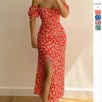 Summer Sexy Floral Printed Slash Neck Slim Fit Dress Women Casual Pack Hip Split Temperament Boho Midi Dresses Clothing