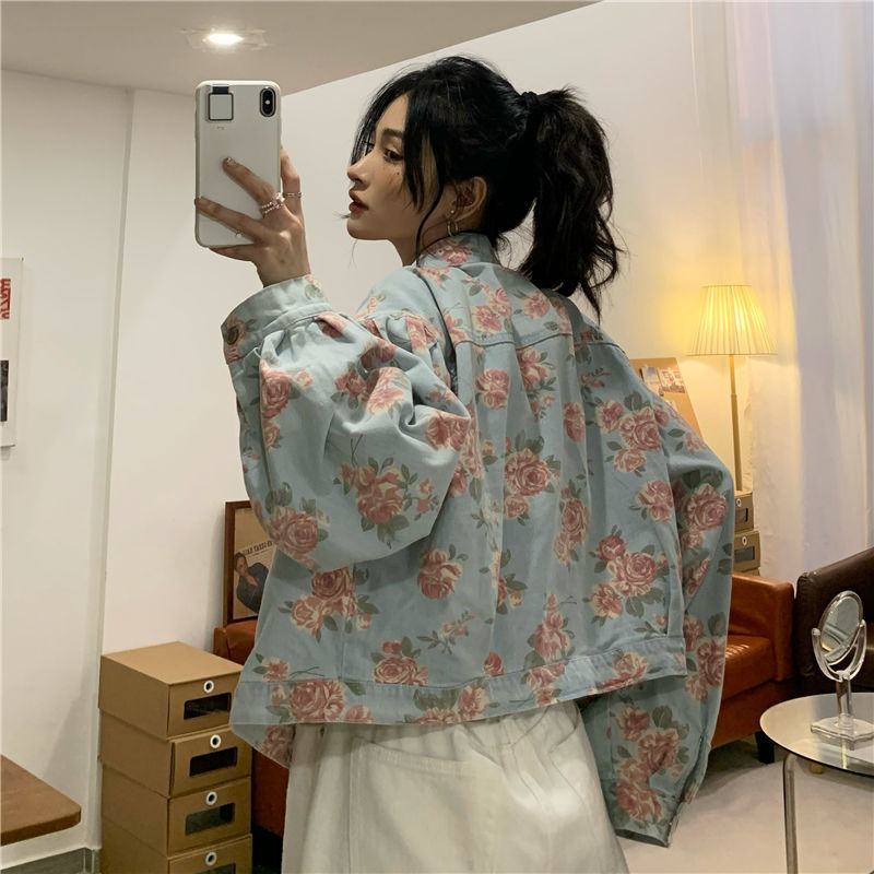 Women Denim Jacket Jeans COTTON Korean Ladylike Spring Autumn Sweet Floral Outerwear Coat Full Turn-down Collar Single Breasted