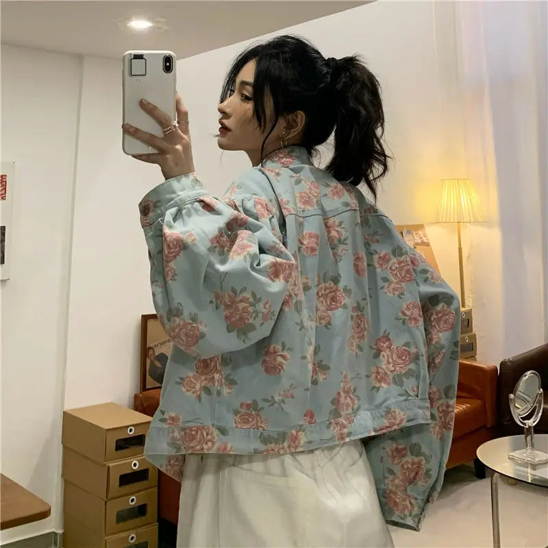 Women Denim Jacket Jeans COTTON Korean Ladylike Spring Autumn Sweet Floral Outerwear Coat Full Turn-down Collar Single Breasted