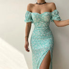 Summer Sexy Floral Printed Slash Neck Slim Fit Dress Women Casual Pack Hip Split Temperament Boho Midi Dresses Clothing