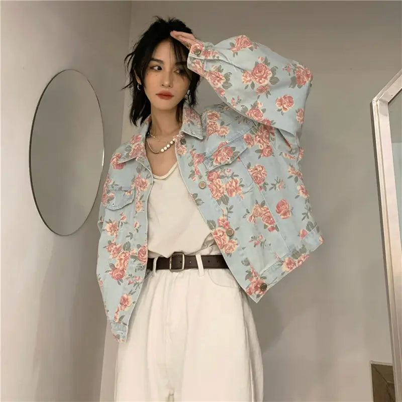 Women Denim Jacket Jeans COTTON Korean Ladylike Spring Autumn Sweet Floral Outerwear Coat Full Turn-down Collar Single Breasted