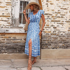 New Summer Bohemian Split Dress Plain v Neck Short Sleeve Casual Ethnic Style Clothing Loose Women Boho Dress