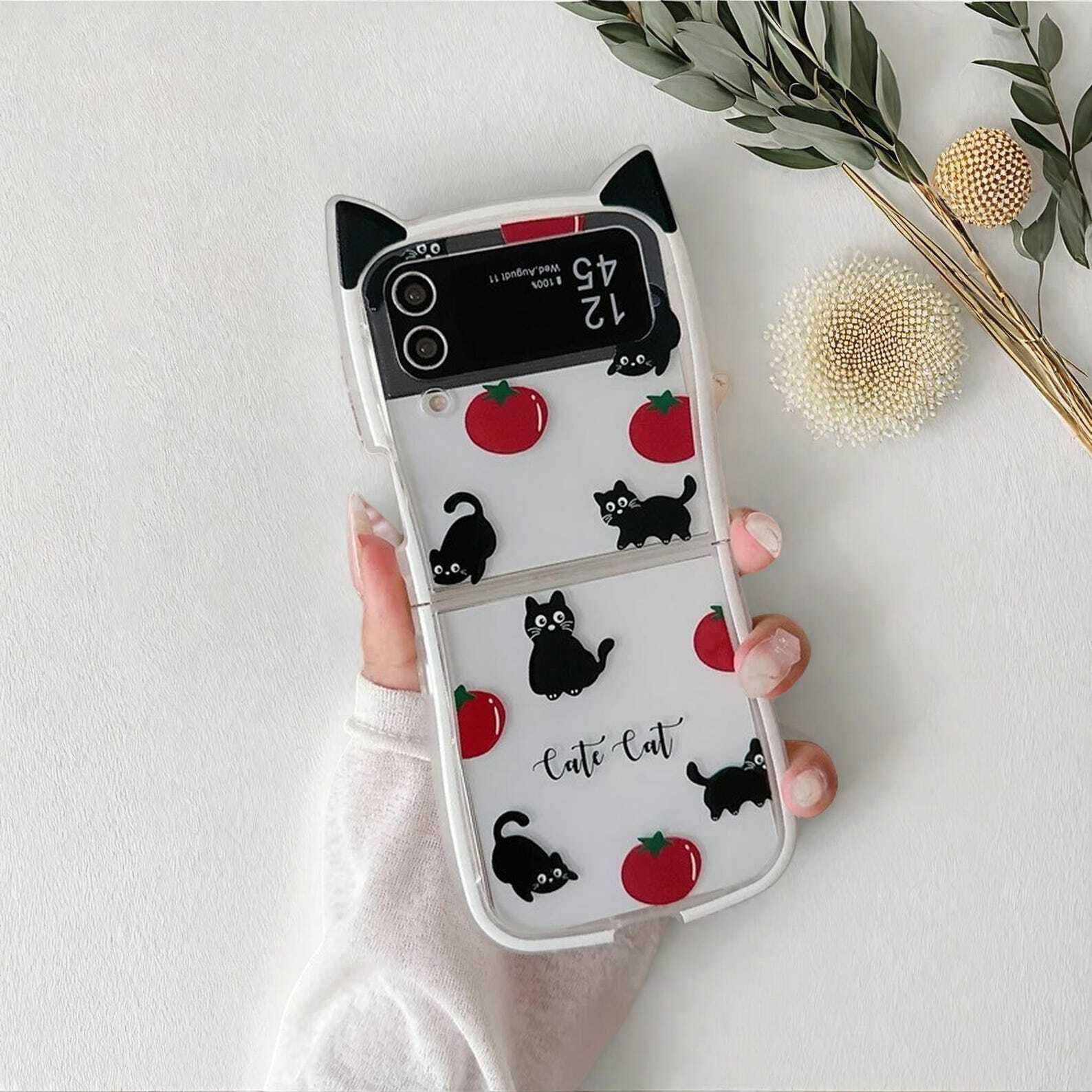 Cute Tomato Cat Phone Case with Ears for Samsung Galaxy Z Flip 3 4 5 6 - Fun Shockproof Protective Cover for Cat Lovers