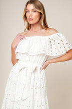 CATCHING MY BREATH EYELET MIDI DRESS