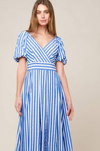 SUNSET STEPS BLUE WOVEN MIDI DRESS