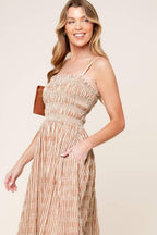 VALHALLA BROWN STRIPED WOVEN MIDI DRESS