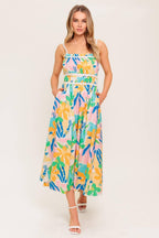 SUNLIT GARDEN PINK BLUE WOVEN MIDI DRESS