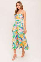 SUNLIT GARDEN PINK BLUE WOVEN MIDI DRESS