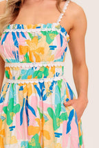 SUNLIT GARDEN PINK BLUE WOVEN MIDI DRESS