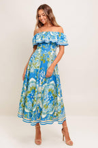 TROPICAL HAZE POWDER BLUE WOVEN MIDI DRESS