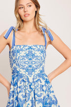 AZURE SCROLL WOVEN MIDI DRESS