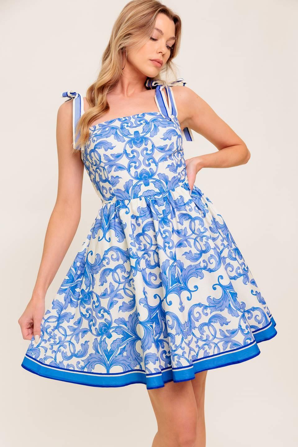 FLORENCE DAYS FLORAL BLUE WOVEN MINI DRESS