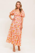 OCEAN FLORALS CORAL WOVEN MIDI DRESS