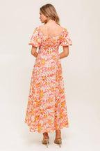 OCEAN FLORALS CORAL WOVEN MIDI DRESS