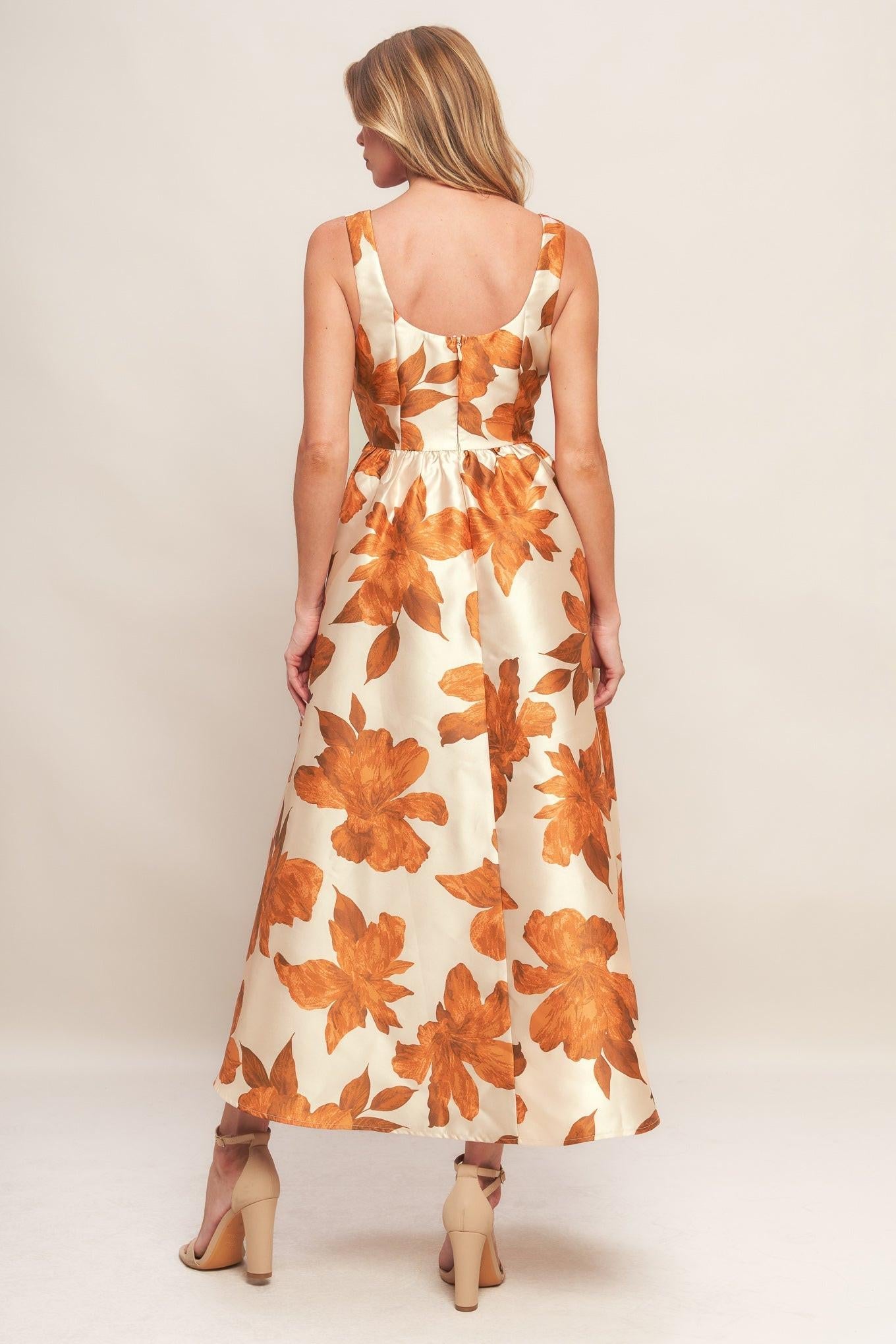 AUTUMNAL FLORAL WOVEN MIDI DRESS