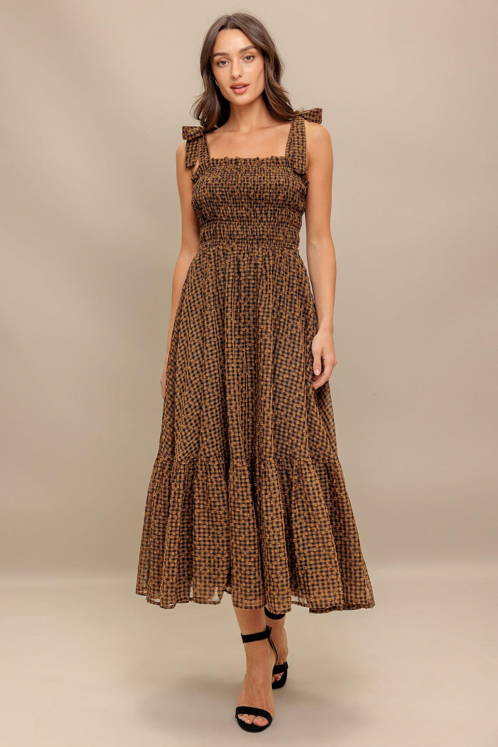 CHECKED DAYDREAM WOVEN MIDI DRESS