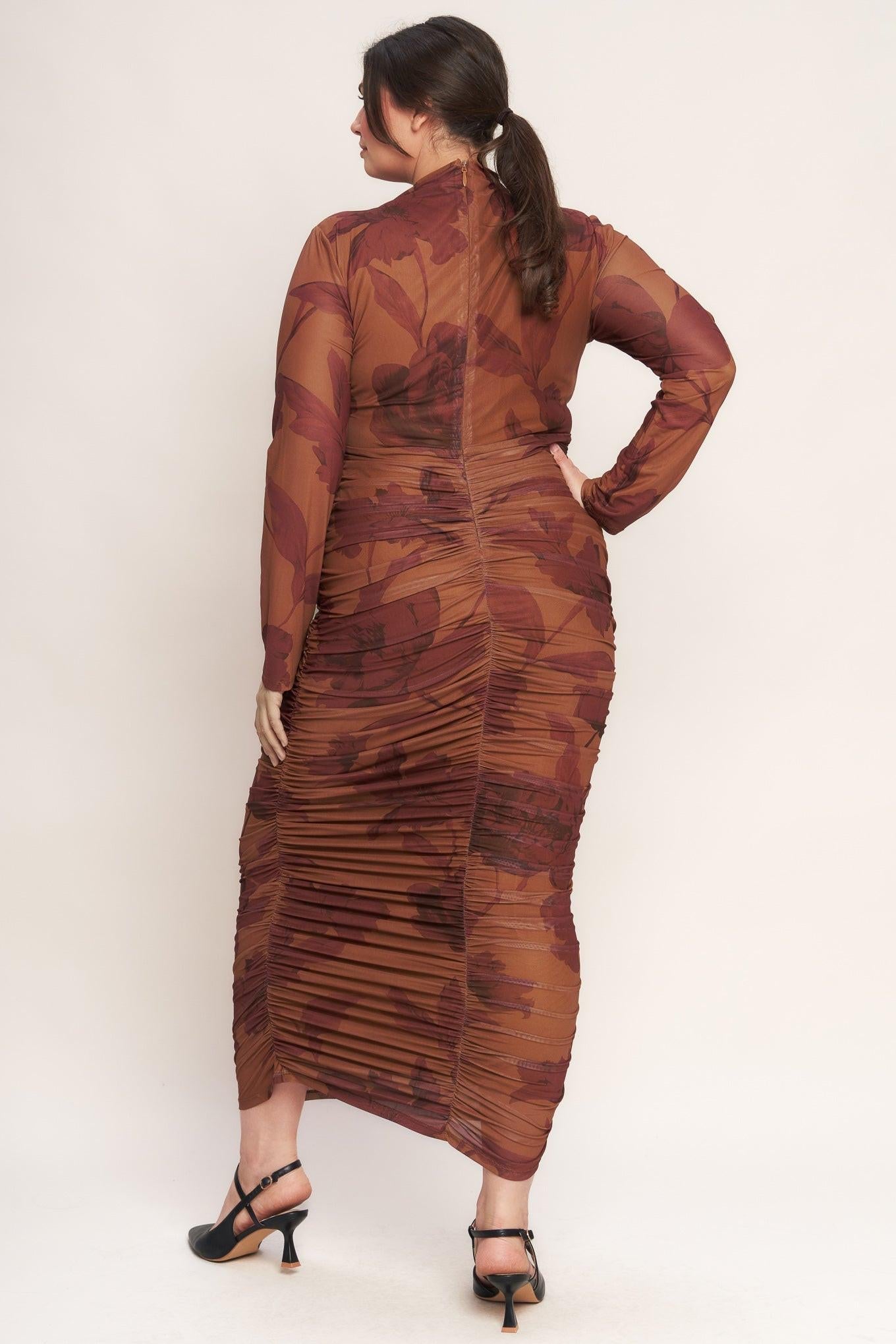 AMBER FLORA POWER MESH MIDI DRESS