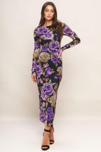 VIOLET EMBRACE POWER MESH MIDI DRESS