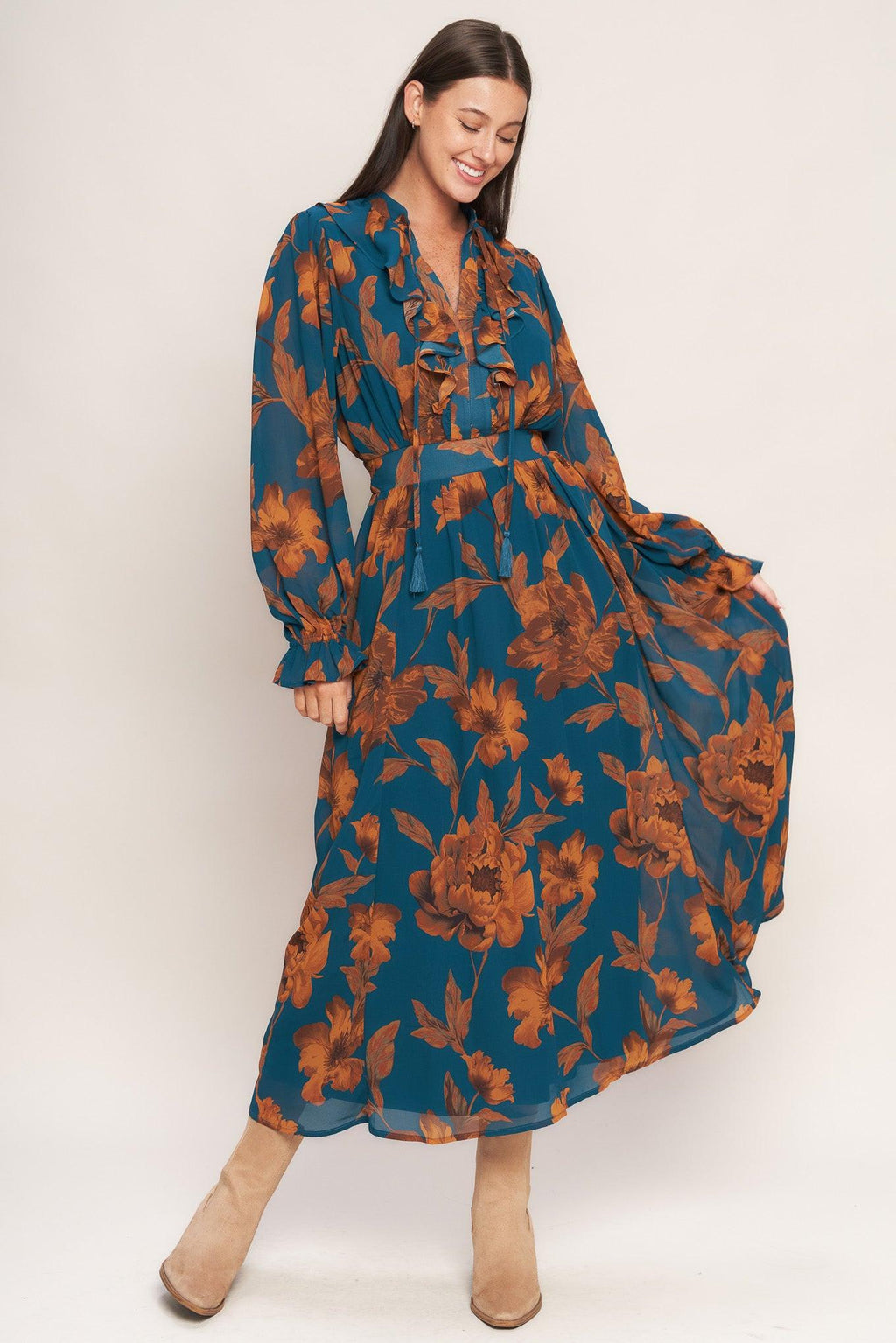 BURNISHED BOTANICA WOVEN MIDI DRESS