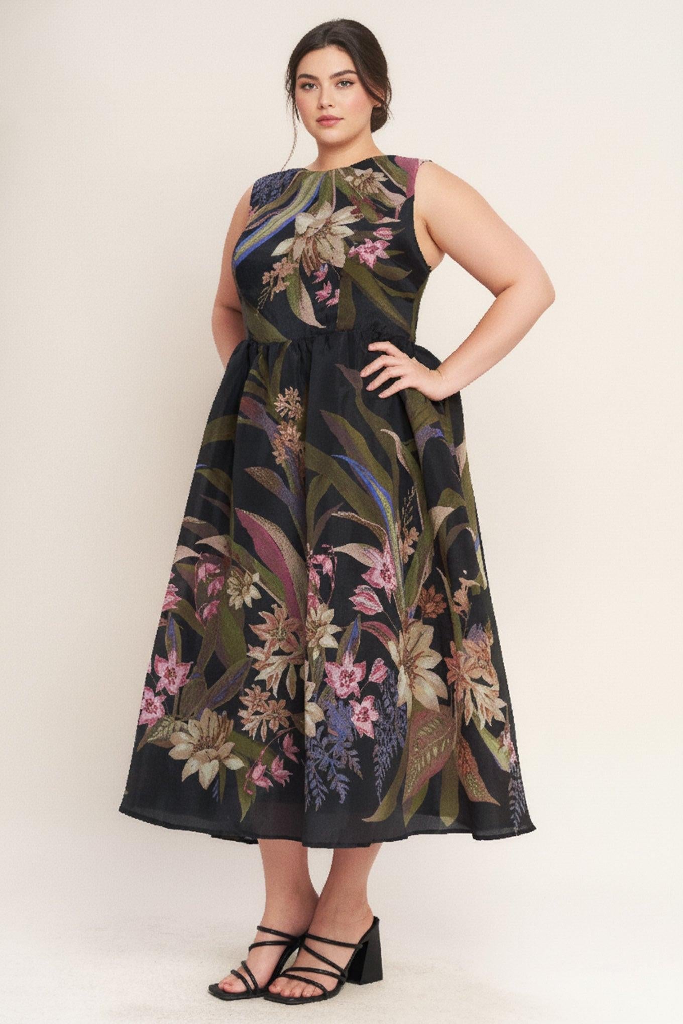 FOLIAGE WHISPER WOVEN MIDI DRESS