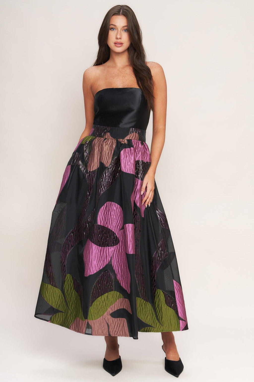 ABSTRACT ROSE WOVEN MIDI DRESS