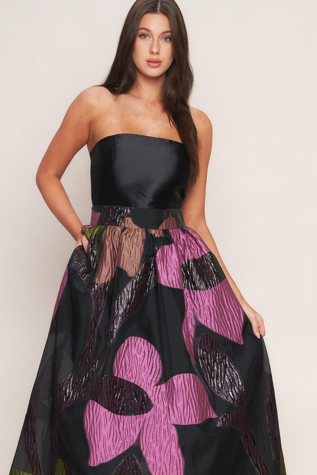 ABSTRACT ROSE WOVEN MIDI DRESS