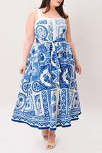 BLUE MAJOLICA CHARM WOVEN MIDI DRESS