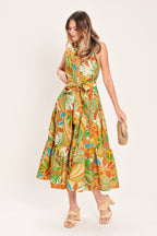 TROPICAL BLOOM TIERED WOVEN MIDI SHIRT DRESS