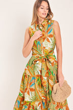 TROPICAL BLOOM TIERED WOVEN MIDI SHIRT DRESS