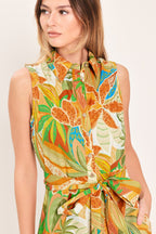 TROPICAL BLOOM TIERED WOVEN MIDI SHIRT DRESS
