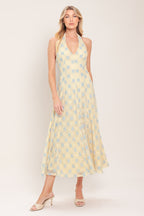 DELICATE BLOOM HALTER WOVEN LACE MIDI DRESS