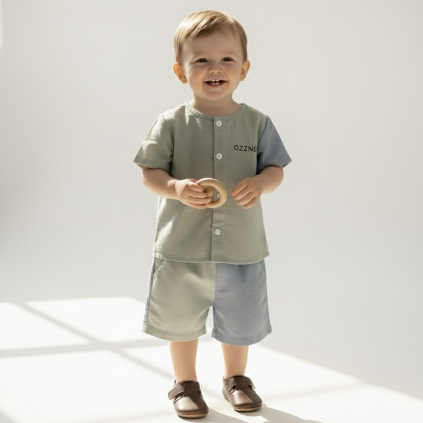 Sage Green Two-Piece Boys Linen Summer Set – Loungewear for Kids
