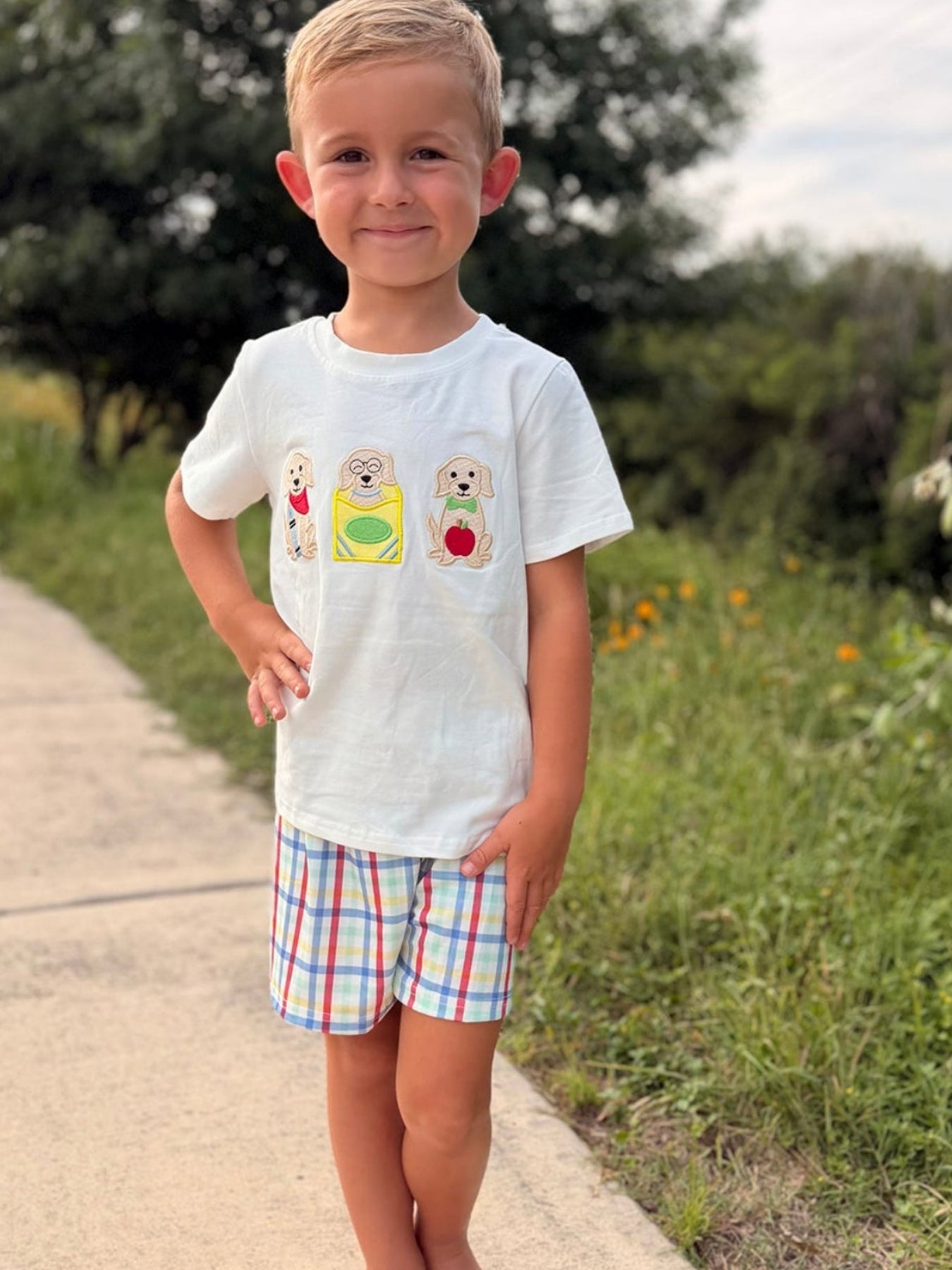 Boys Back To School Dog Plaid Short Set Applique