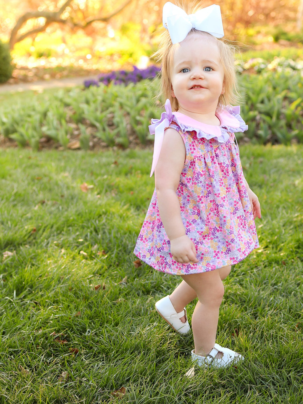 Spring Purple Floral Bow Ruffle Girl Bloomer Set