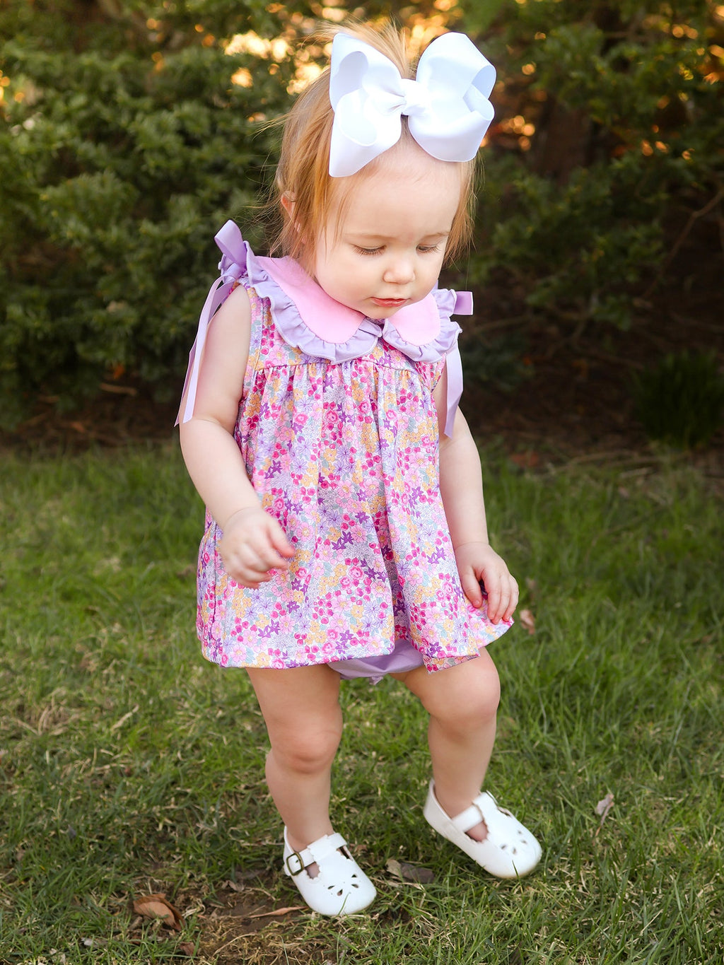 Spring Purple Floral Bow Ruffle Girl Bloomer Set