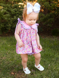 Spring Purple Floral Bow Ruffle Girl Bloomer Set