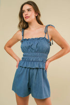 THRIVING ALL NIGHT DENIM ROMPER