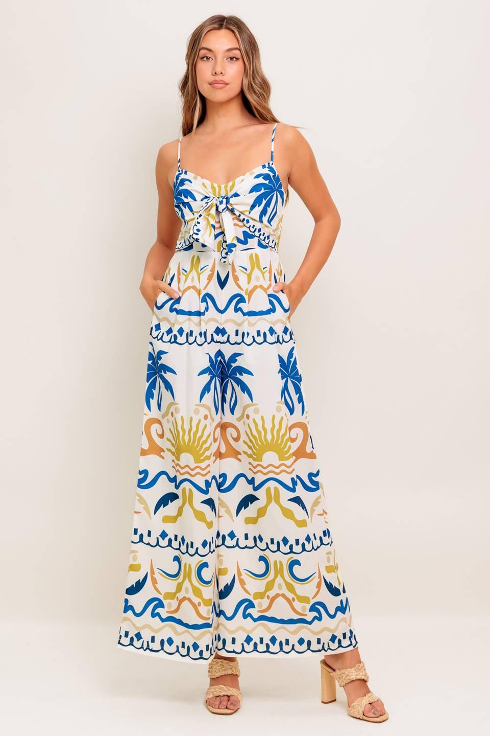 VACAY GLOW IVORY BLUE WOVEN JUMPSUIT