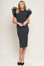 VOLUMINOUS POWER METALLIC MIDI DRESS