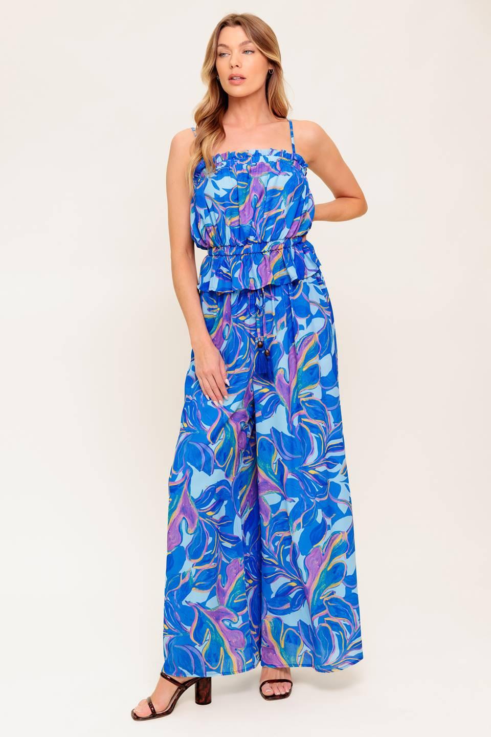 CHERISHED KISS BLUE WOVEN TOP AND PANTS SET