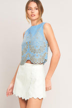 SKY BLOOM WOVEN EYELET TOP