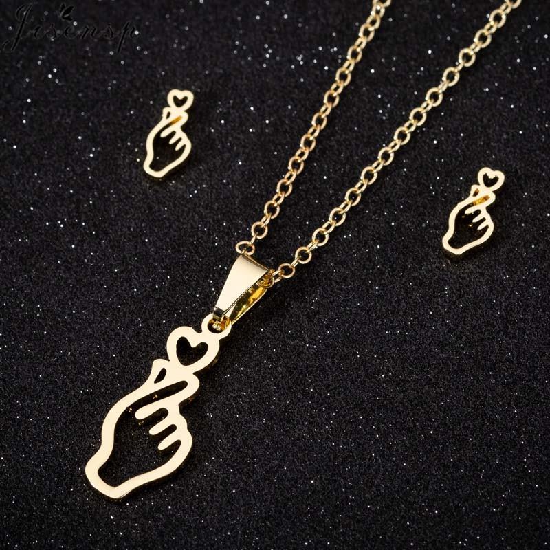 Korean Finger Heart Necklace And Earring Jewelry Set