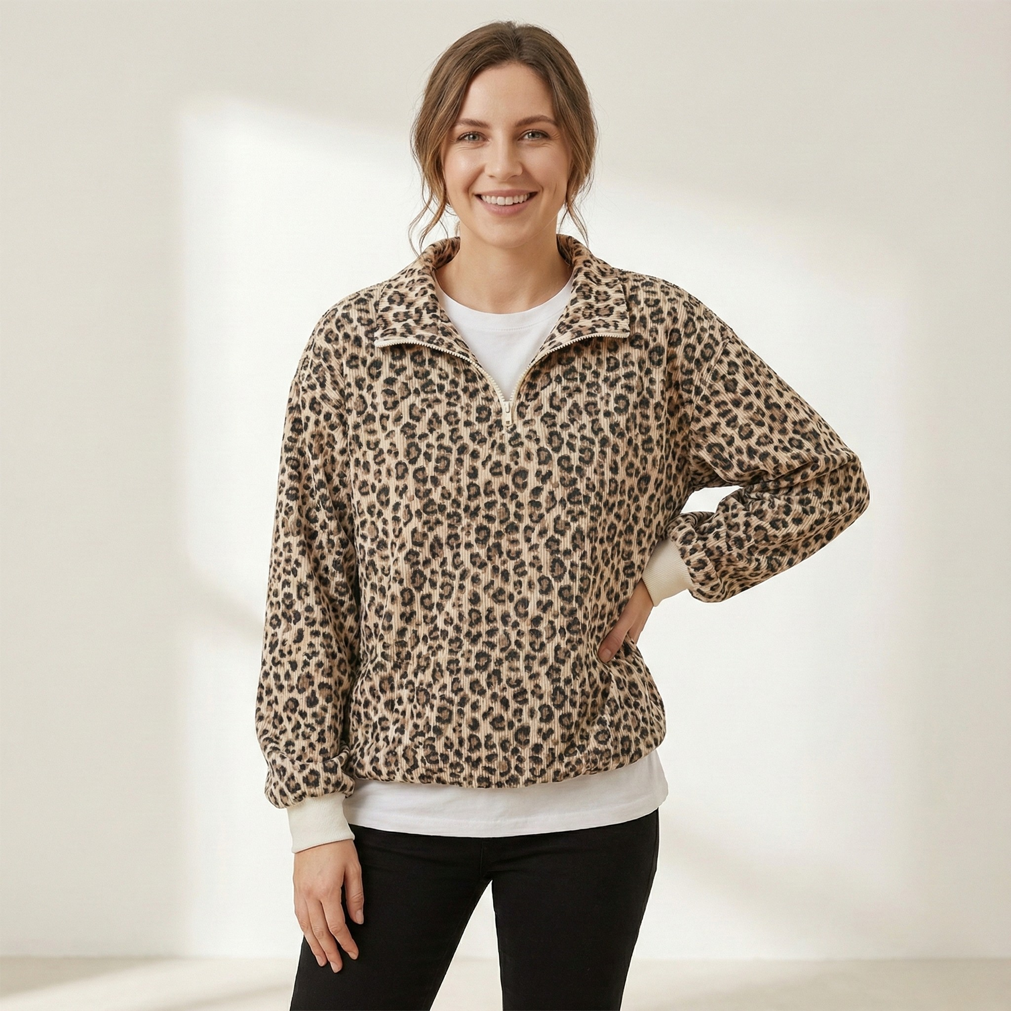 Leopard Print Corduroy Zip-Up
