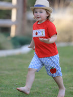 Boys Back to School Pencil Apple Applique Plaid Shorts Set
