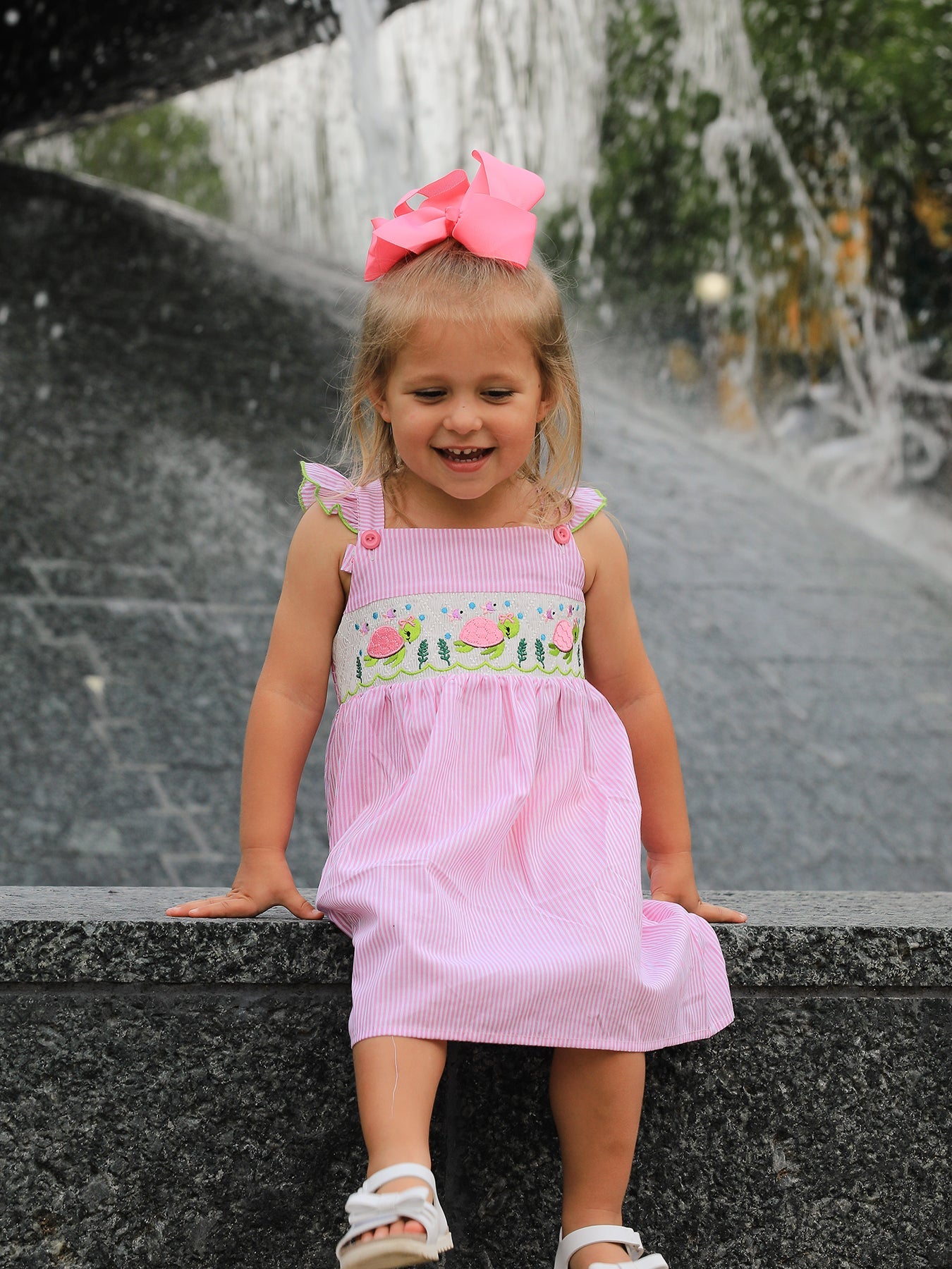 Turtle Girls Dress Pink Stripe Ruffle Strap
