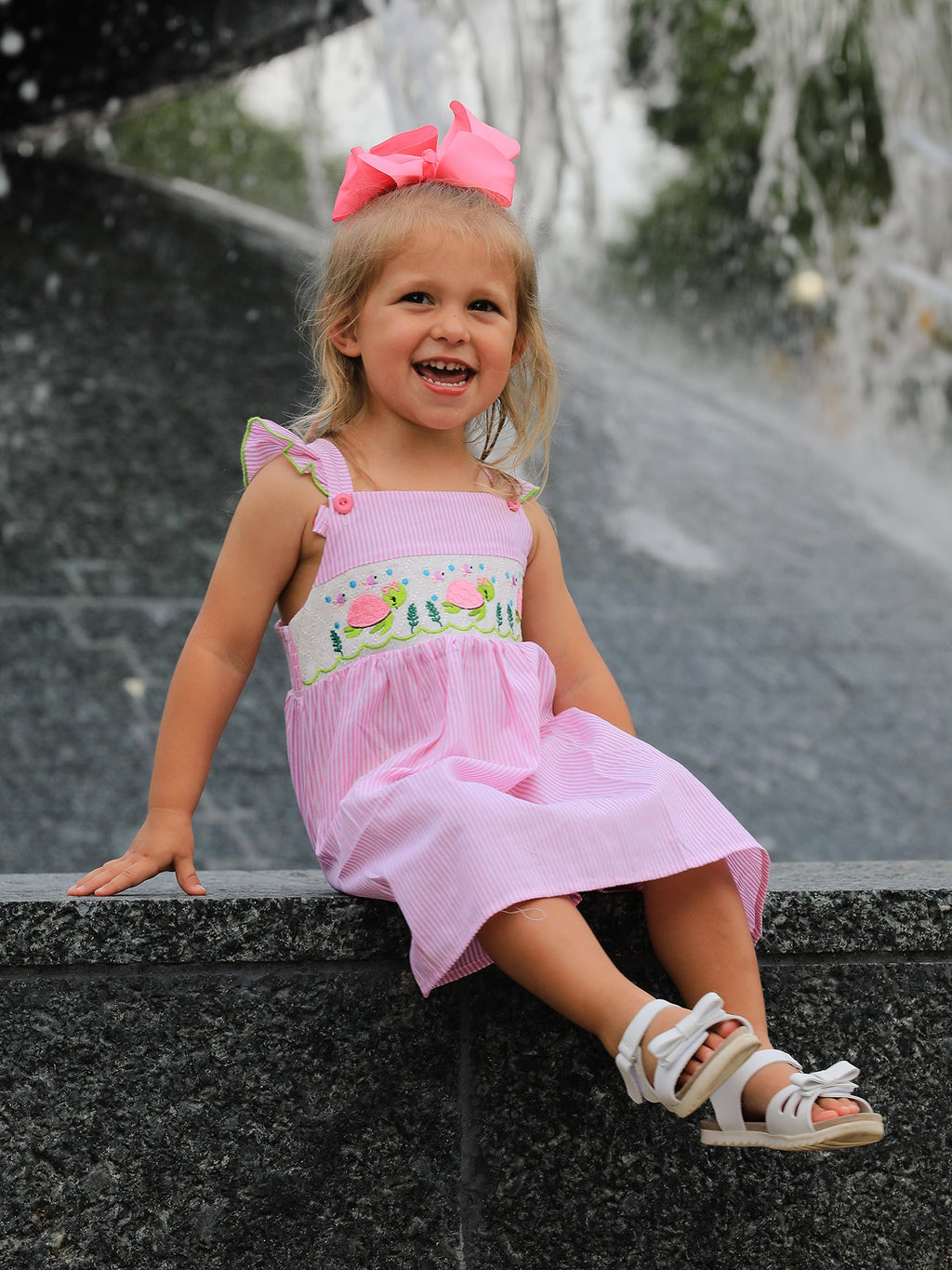 Turtle Girls Dress Pink Stripe Ruffle Strap