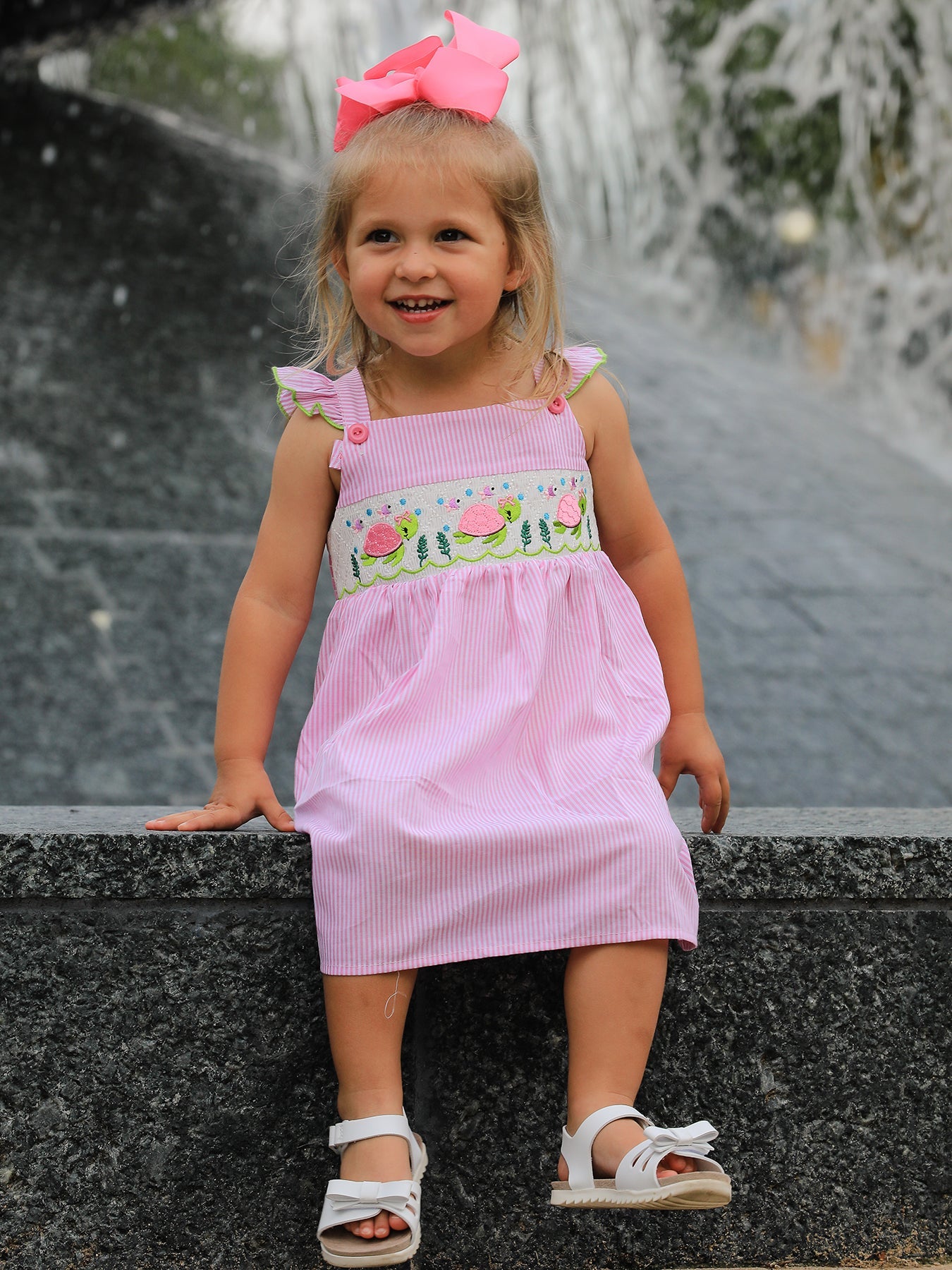 Turtle Girls Dress Pink Stripe Ruffle Strap
